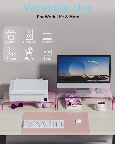 Image of Acrylic Dual Monitor Stand Riser 2 Tier, Modular Laptop Stand for Desk, Multifunctional Desktop Organizer Shelf for PC, iMac, Printer, Detachable Monitor Stand for Office or Home, Pink