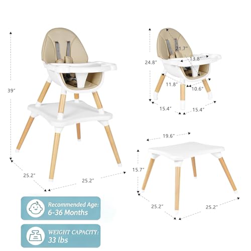 Image of 6 in 1 High Chair for Babies & Toddlers, Convertible Wooden Baby Highchair, Table and Chair Set, Baby Feeding Chair, 5-Point Adjustable Harness /4-Position Removable Tray& PU Seat Cushion(Beige)