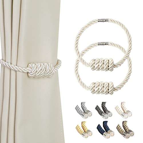 BEL AVENIR Magnetic Curtain Tiebacks, Decorative Drapery Holdbacks Modern Woven Tie-Backs with Exquisite Knot (Beige, 2 Pack)
