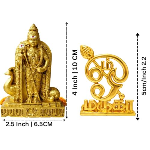 Image of Car Dashboard Lord Murugan Idol with Murugan Vel Combo (10 cm & 7 cm) | Karthikeya Subramanya Swamy Statue for Pooja Mandir & Home Temple (Muruga Statue with Om Murga Metal)