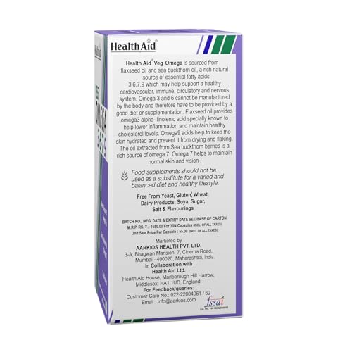 Image of HealthAid Veg Omega 3 6 7 9 - Plant-Based Fatty Acid Supplement for Heart, Brain, Joints & Digestion Support | High Absorption | 30 Softgel Capsules for Men & Women