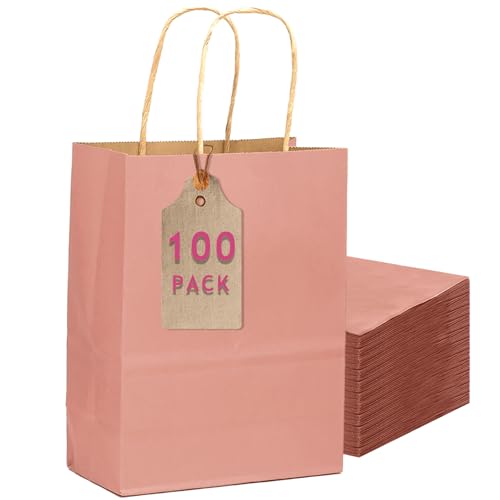 qiqee 100PCS Gift Bag with Handles Bulk Light Pink Paper Bags Multiple Uses (11"x5"x8" Medium Size)