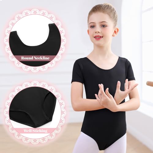 Monbessi Ballettanzug Mädchen Kurzarm - (Gr.100-150) - Tanzbody Gymnastikanzug, Baumwolle Ballettbody Kinder Ballett Trikot (140, Schwarz)