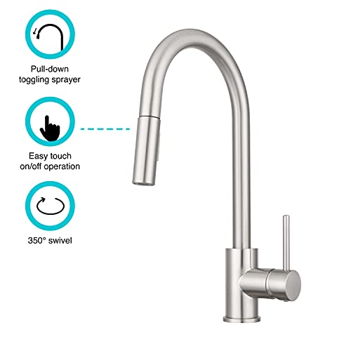 Image of Dura Faucet DF-NMK540-SN RV Touch Sensor Kitchen Faucet (Satin Nickel) | Pull-down sprayer toggles between aerated and spray streams and locks back in place; powered by four AA batteries.