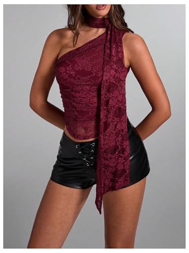 MakeMeChic Women's Floral Lace One Shoulder Tank Top Ruched Sleeveless Y2k Tops with Scarf2