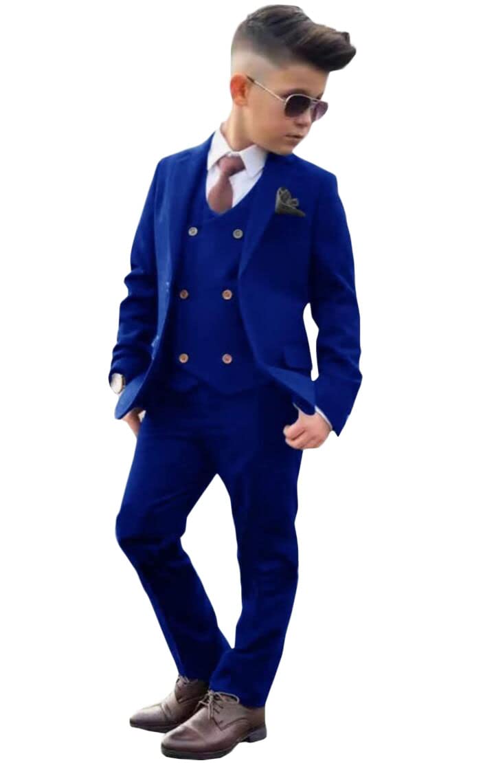 Formal Boy's Suit 3 PC Peak Lapel Flower Boys Tuxedos Blazer Vest Pants for Kids Dresswear Suit Royal Blue 10T