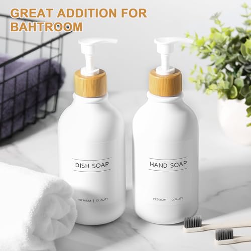 Image of KASUNTING White Soap Dispenser, 2 Pack Plastic Bathroom Hand Soap and Lotion Dispenser Set with Bamboo Pump, 17 Fl Oz Hand and Dish Soap Dispensers Set for Kitchen, Refillable Liquid Soap Bottles