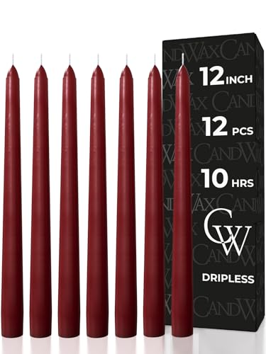 CANDWAX Burgundy 30 cm Taper Candles Set of 12 - Dripless, Smokeless, Unscented - Slow Burning Candle Sticks Ideal for Christmas or Dinner