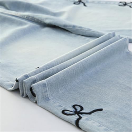 Girls Bowknot Jeans Straight Leg Elastic Waist Baggy Denim Pants Kids Retro Casual Trousers for 5-13 Years3