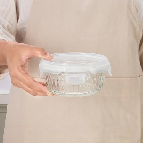 Image of Borosil 400 ml Fluted Klip N Store Round Food Storage Container with Air Tight Glass Lid | Borosilicate Glass Container for Lunchbox | Microwave & Dishwasher Safe | Transparent