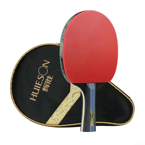 Raqueta de tenis de mesa de siete capas de madera pura con espinillas adhesivas en goma para principiantes y adolescentes, color rojo y negro, mango largo, incluye bolsa de transporte para práctica de