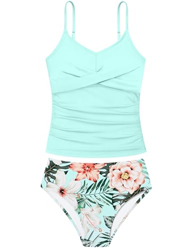 Girls Swimsuit 2 Piece Bathing Suit Criss Cross Ruched Girl Tankini Sets Printed Girls' Swimwear for 9-18 Years