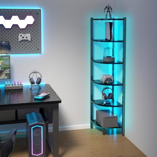 HONGOUZWL Corner Shelf with LED Lights, 6-Tier Corner Bookshelf, 66 Organizer Book Shelf Shelves Steel Frame Display Stand with Living Room, Bedroom, Study, Black