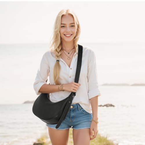 Image of Cute shoulder bag Hobo Purses PU Leather Handbag moon bag Adjustable CrossBody Bag with Zipper-white