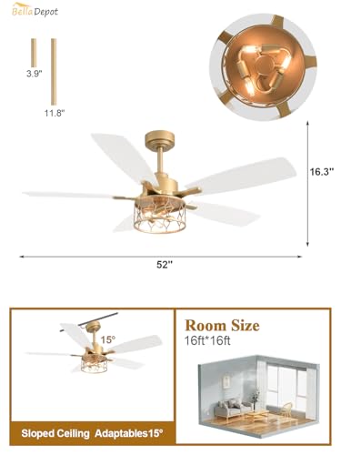 Image of Bella Depot 52 inch Gold Ceiling Fan with Light, Caged Chandelier Fan