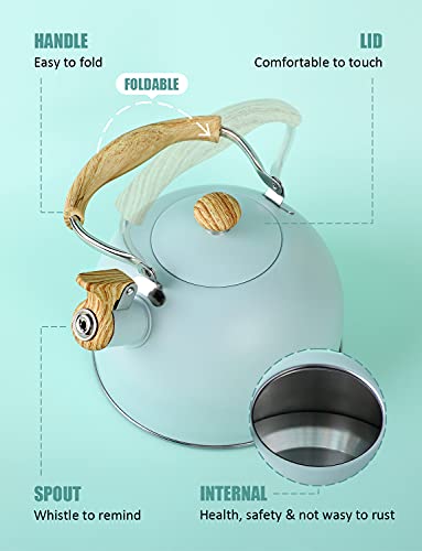 Tea Kettle, Belanko 85 Oz / 2.5 Liter Whistling Tea Kettle, Tea Pots For Stove Top Food Grade Stainless Steel With Wood Pattern Folding Handle, Loud Whistle Kettle For Tea, Coffee, Milk - Turquoise #TOP3