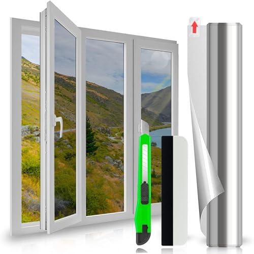 HONLONE Window Film One Way Mirror Films Daytime Privacy Static Cling Anti UV Glass Sticker Heat Control Reflective Window Tint for Home Office?Silver, 23.6x78.7 inches (60x200cm)?