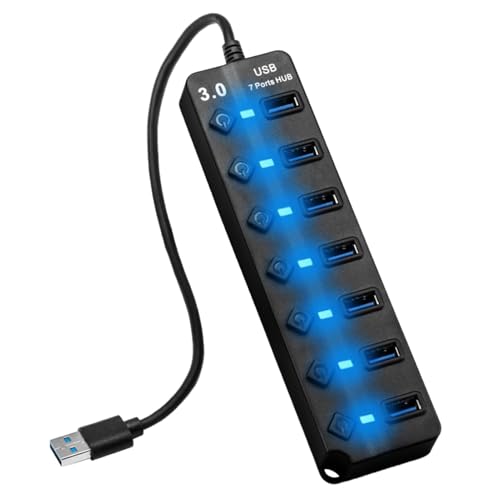 Hub USB 3.0 de 7 Puertos con Interruptores Independientes, Concentrador USB Alimentado con LED Indicador para PC, MacBook y Dispositivos Múltiples, Adaptador de Puerto Multipuerto USB con Cable 26 cm
