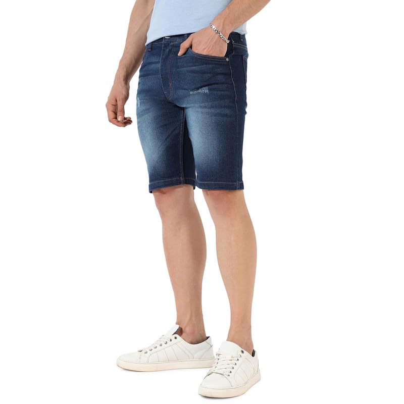 cahoot Campus Sutra Men's Dark Blue Minimal Distressed Denim Shorts for Casual Wear | Dark-Wash | Regular Fit | Button Closure | Cotton Denim Shorts Crafted with Comfort Fit for Everyday Wear-picture-22