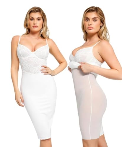 Image of Popilush Lace Midi Dress Shapewear Dresses for Women V-Neck Slip Adjustable Straps Bodycon Slip with Underwire