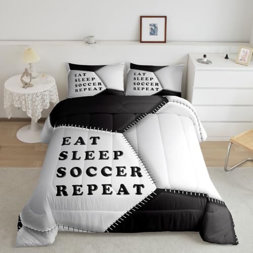 Image of Feelyou Soccer Comforter Set Queen Size Football Bedding Set for Kids Boys Girls Eat Sleep Sports Theme Duvet Quilt Bedroom Decor Microfiber 3 Pcs with 2 Pillow Cases