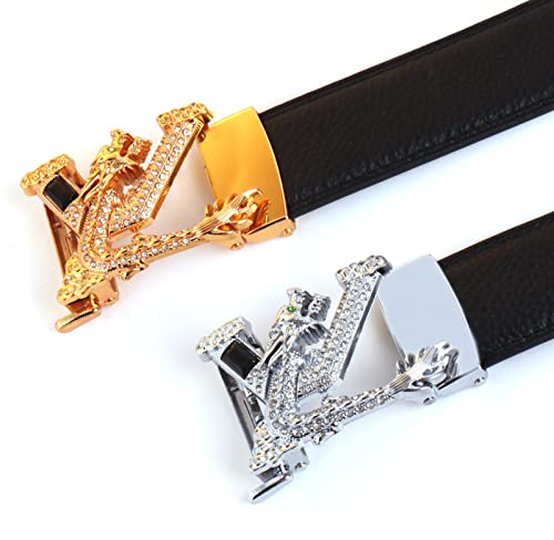 Men's Black Leather Ratchet Belt - Sliding Buckle With Rhinestone Animal Design, Adjustable Trim Fit4