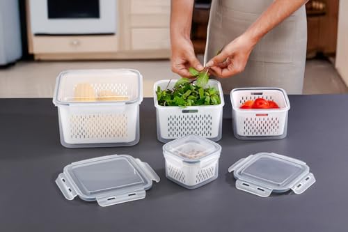 Image of Arto Food Storage Containers with Ventilated Produce Saver Baskets | Set of 4 Airtight Fridge Organizer Boxes | Keep Vegetables & Fruits Fresh Longer | Stackable Kitchen Container (White, 4-Piece Set)