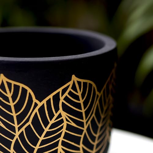Image of Urban Plant Dark Shilp Virasat Terracotta Pot with Drainage Hole (5 Inch) | Hand-Painted Black & Gold Leaf Design Clay Planter | Indoor Decorative Plant Pot for Tabletop, Living Room & Gifting