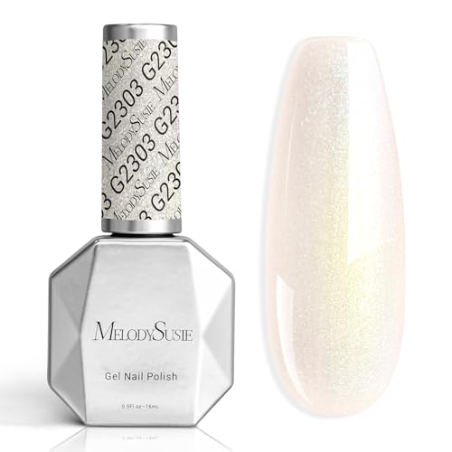 Image of MelodySusie Jelly White Aurora Shimmer Gel Nail Polish, 0.5fl oz Soak Off UV LED Holographic Yellow Glitter Gel Polish Gift for Women Nail Art Manicure Salon DIY Nail Design Decoration at Home-G2303
