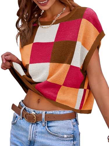 Image of Saodimallsu Womens Cap Sleeve Crop Tops Summer Color Block Going Out Crew Neck Knit Trendy Casual Sweater