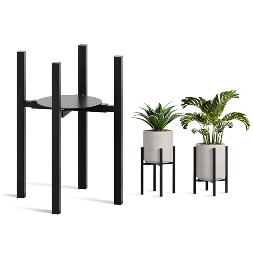 Rioneta Adjustable Metal Plant Stand Indoor Fits 9-15 Inch Pots Mid Century Modern Planter Holder 2 Heights Heavy Duty 160 lb Indoor Outdoor Corner Floor Pot Stand Black with Round Plate