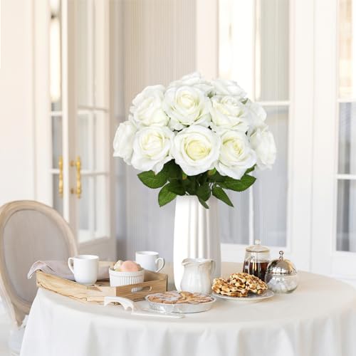 Dremisland 12PCS Artificial Rose Flowers 19" Tall Artificial Silk Flowers Realistic Roses Bouquet Long Stem Fake Silk Rose for Home Wedding Party Table Decor(Ivory White) image 4