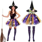 Beipegin Disfraz Bruja Mujer,Neon Falda Tutú Gorro Bruja y Medias Disfraces Halloween Witch Costume Adulto Disfraces Carnaval Cosplay