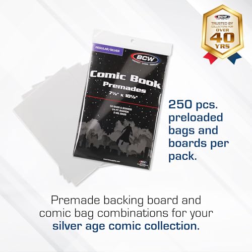 Image of BCW Premium Silver Age Comic Premade Bags with Backer Boards | 7 ⅛ inch x 10 inch | Pre-Loaded & Archival Comic Sleeves and Boards | Crystal Clear Storage for Collectors (Non-Resealable) (250 Pack)