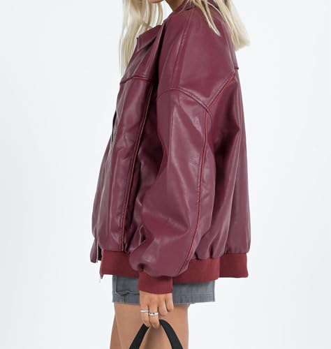 FOMOYUU Leather Jacket Women Faux Oversized Motorcycle Zipper Bomber PU Bike Coat 2024 Fall Fashion Outfits with Pockets4