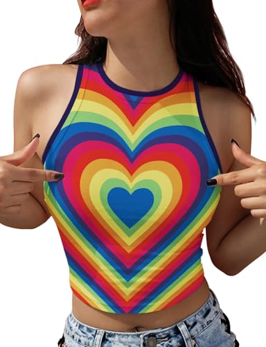 Flaminet Womens Pride Crop Tops for Women Striped Print Rainbow Y2K T Shirt Vest Summer Cami Top