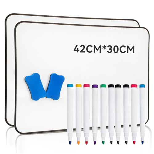 Hisredsun 2 Pack A3 Magnetic Whiteboard Double Sided Dry Erase White Boards Mini Whiteboard with 10 Pens and 2 Erasers Durable Portable Small White Boards for Home Office Classroom