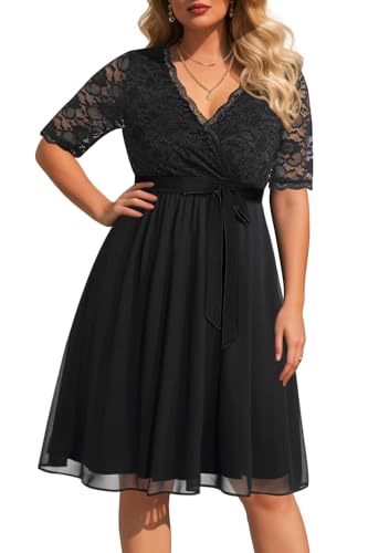 Pinup Fashion Black Cocktail Dress Plus Size Women Lace Top Chiffon Wedding Guest Dresses Semi-Formal Party Evening Wrap V Neck Dress