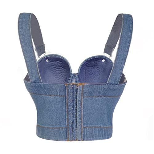 Fashion Sexy Denim Women's Button Bustier Bra Night Club Party Cropped Top Vest Plus Size (Color : Blue, Size : 34) #TOP1