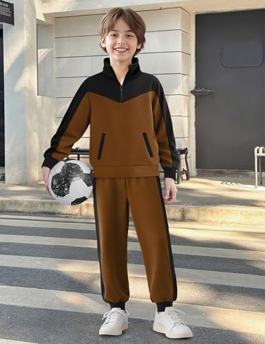 Boys Clothes Solid Color Block Kid Boys' Clothing Sets Stand Collar Half-Zip Sweatsuit 2pcs Outfits with Pocket 6-12y
