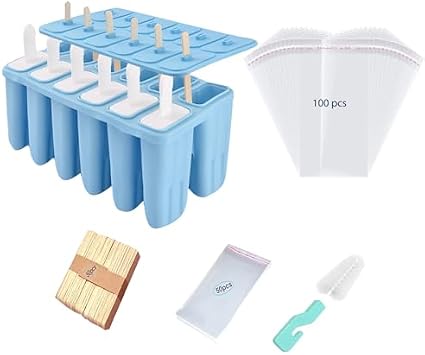 12Cavity Silicone Popsicle Molds with 50 pcs Popsicle Bags 50 pcs Wooden Sticks additional 100 pcs Popsicle Bags