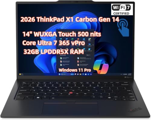 Image of 2026 NewLenovo ThinkPad X1 Carbon Gen 14 Aura Edition Laptop,14 inch WUXGA Touch 500 nits, Copilot+ PC AI-Driven Core Ultra 7 365 vPro, 32GB LPDDR5X RAM 4TB SSD, 5MP RGB+IR Camera Win11 Pro