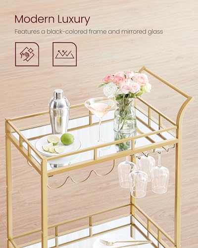 Image of VASAGLE Bar Cart Gold, Home Bar Serving Cart, Wine Cart with 2 Mirrored Shelves, Wine Holders, Glass Holders, for Kitchen, Dining Room, Gold ULRC092A62