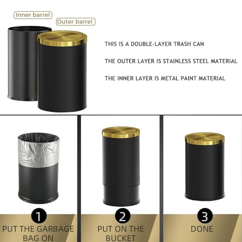 Image of Brushed Brass Garbage can,Bathroom Trash can with lid,Modern Small Trash Can with Flipping Lid, 9 L,Garbage cans for Bathroom, Kitchen,Bedroom, Metallic Gold (Black(Double))