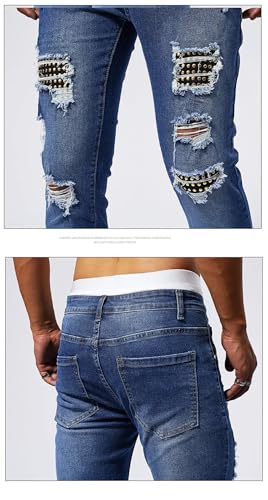 Men Ripped Rivet Hip-Hop High Street Motorcycle Denim Trousers Male Stretch Slim Fit Trousers3