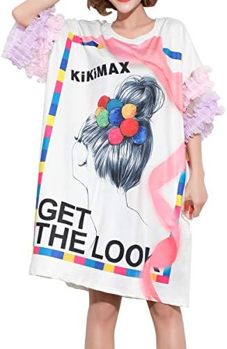 ellazhu Women's White Loose-Fit Fashion Cartoon Printed T-Shirt Beach Dresses GA1364