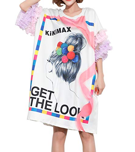 Ellazhu Women's White Loose-Fit Fashion Cartoon Printed T-Shirt Beach Dresses Ga1364 #TOP21