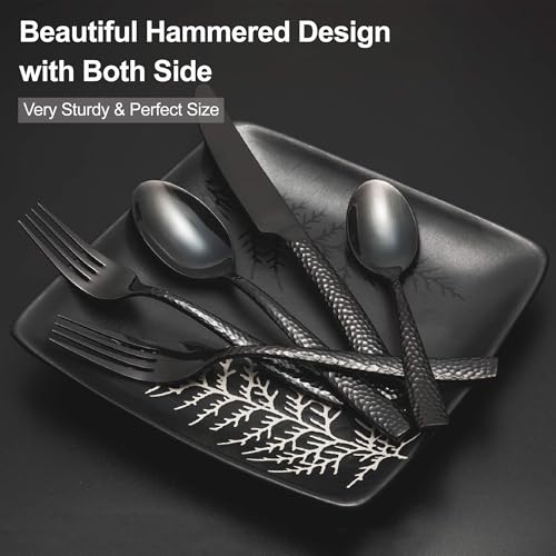 48-Piece Black Hammered Silverware Set for 8, Stainless Steel Flatware Set with Steak Knives, Mirror Polished Tableware Cutlery Set, Include Forks Spoons and Knives Set, Dishwasher Safe - Image 4