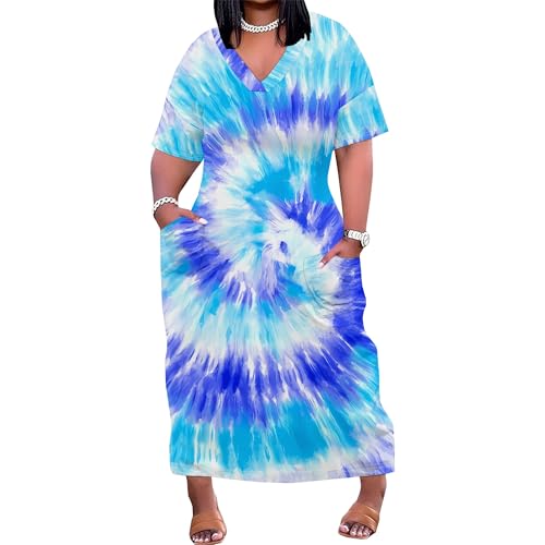 Image of SUZONANA Plus Size Dresses for Curvy Women Maxi Dress Tie Dye Oversized Summer Outfits Short Sleeve Long Casual Sundresses 5XL