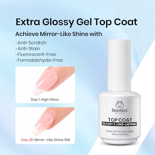 Gelab cosmetics LLC Beetles Builder Gel and Extra Glossy Top Coat No Wipe for Nails with Nail Brush, 15ml Low Heat Hypoallergenic Clear 7 in 1 Builder High Shine Long Lasting Top Coat Gel Nail Polish